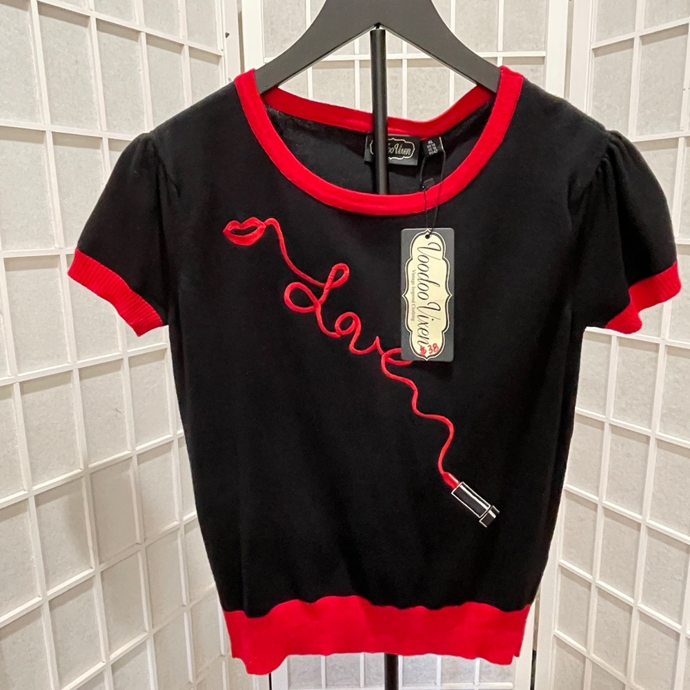 Voodoo Vixen Black & Red Vintage Inspired Knit Top. Priscilla Lipstick, Love NEW